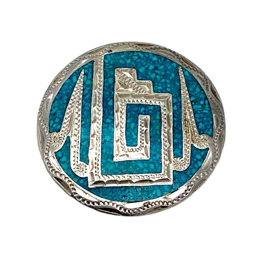 1980s Taxco Mexico Round brooch Pendant 1.75 in 925 Sterling Silver Turquoise